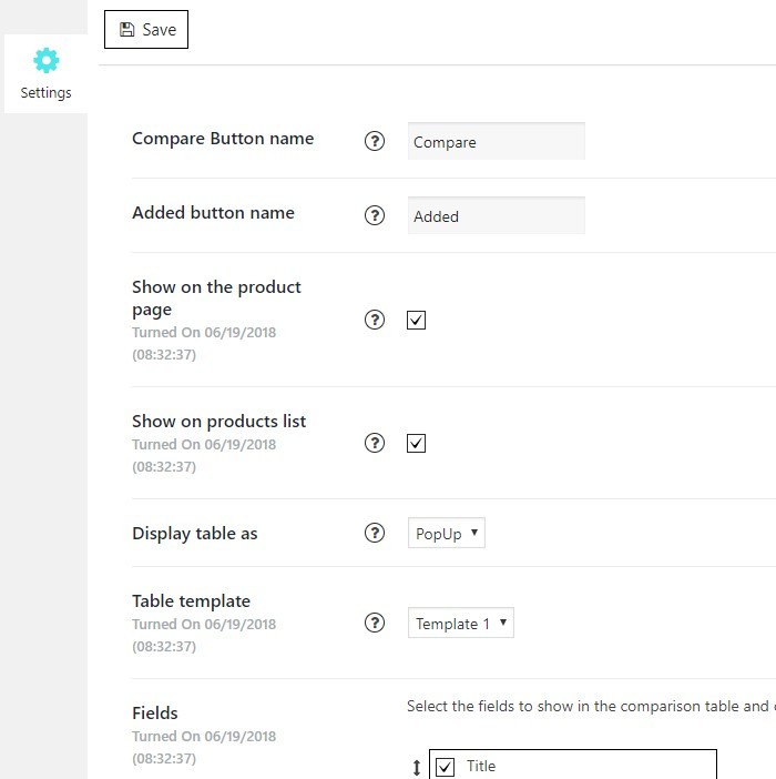 comparison plugin settings