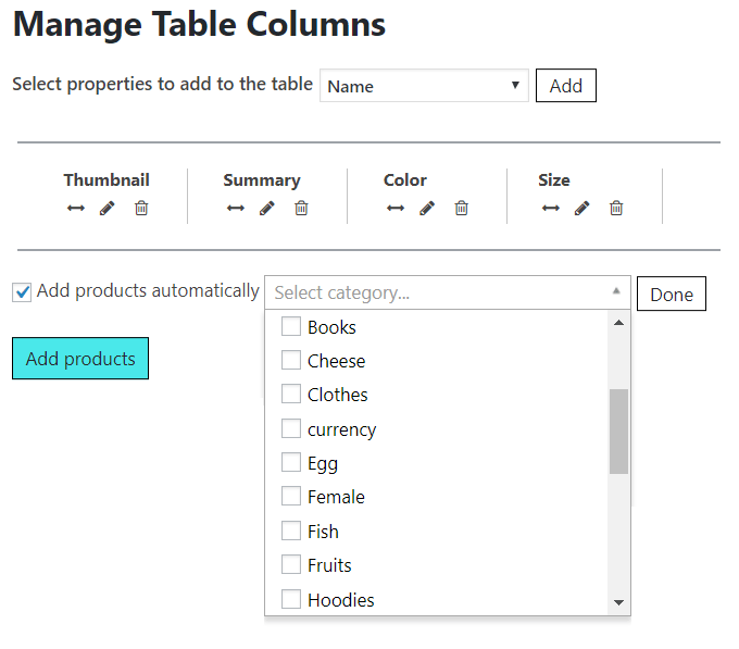 manage table columns
