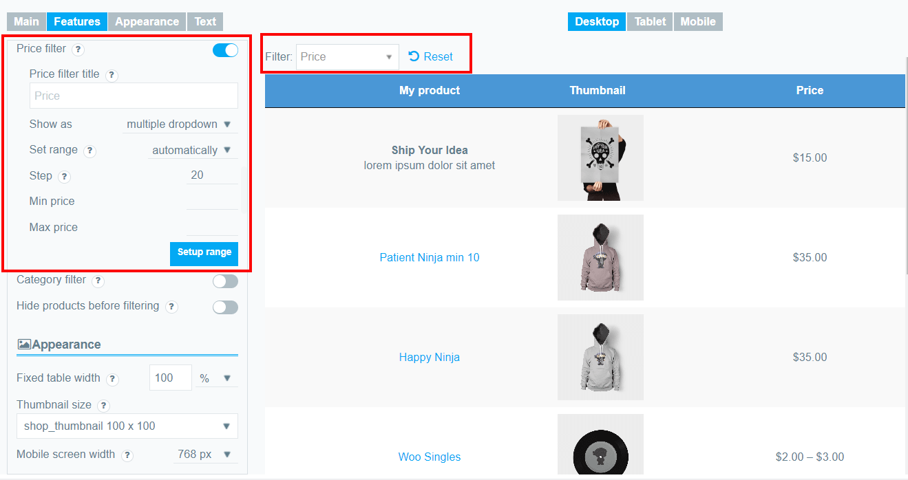Price filter