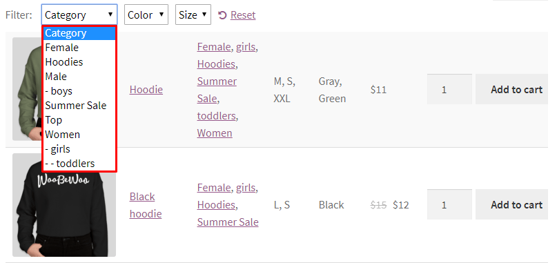 Category filter hierarchy