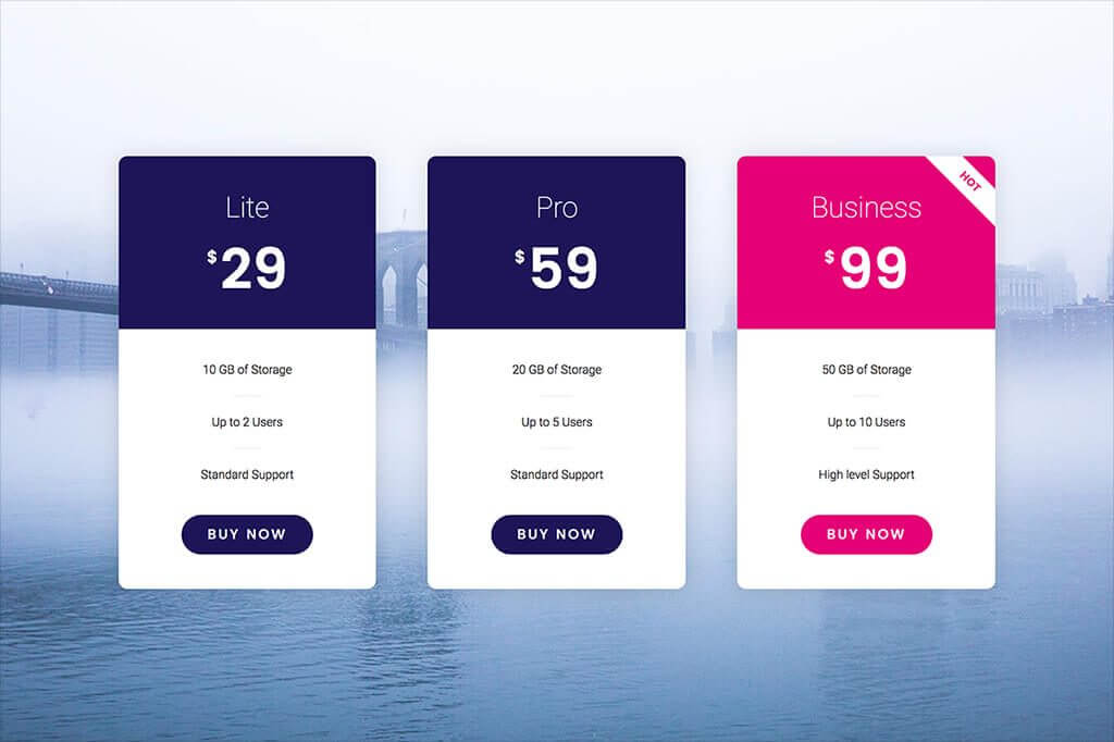 pricing table