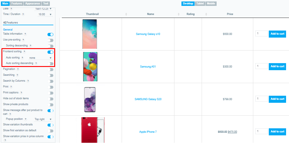 Frontend sorting