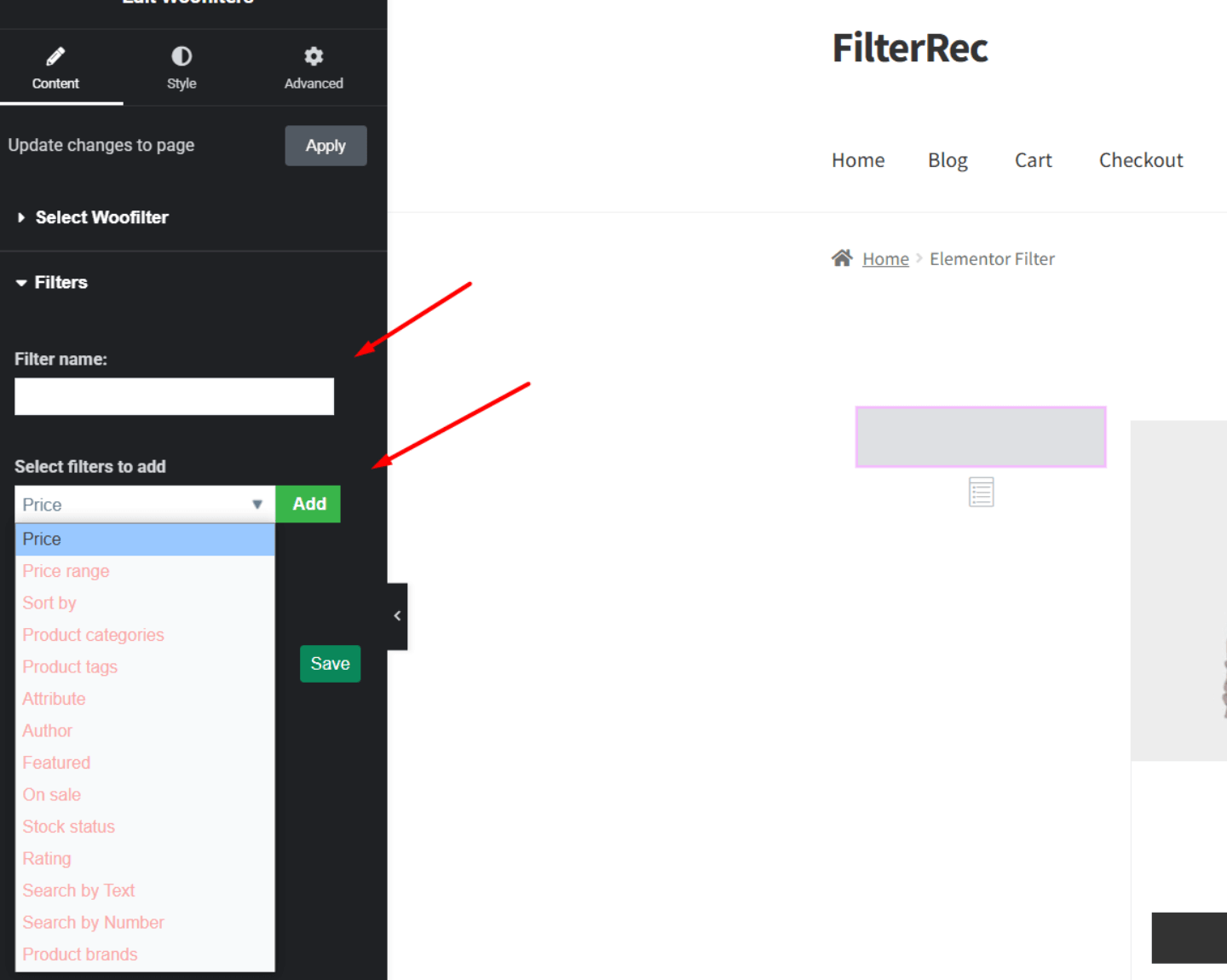 adding new filter sections
