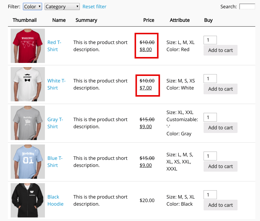 product table