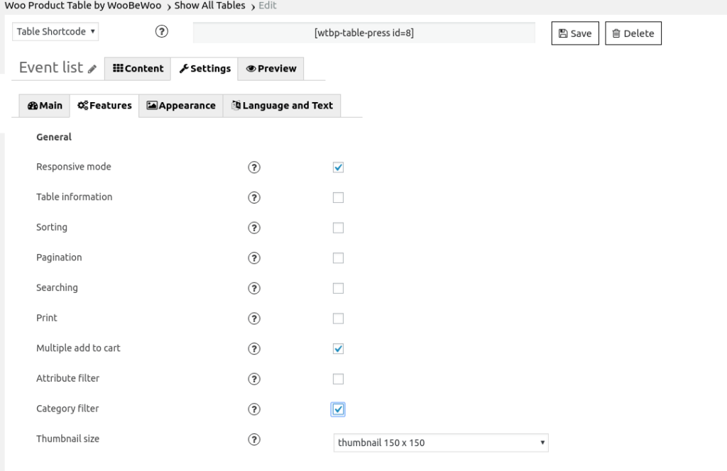 Settings tab