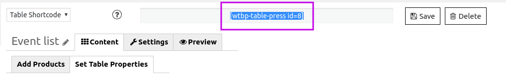Table shortcode