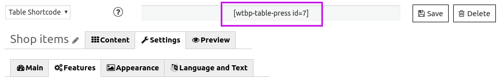 Table shortcode