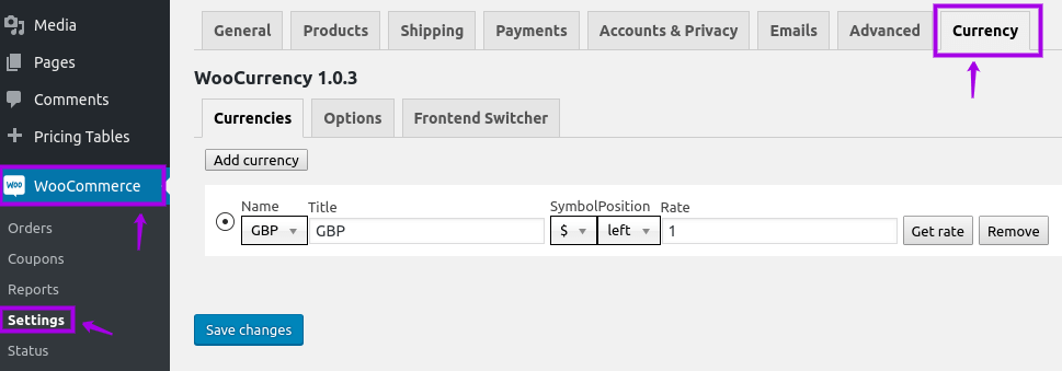 Configure the currency