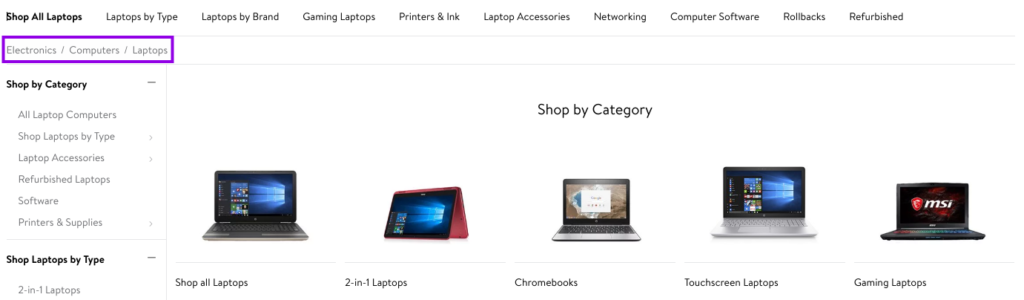 Breadcrumb implementation on the Walmart