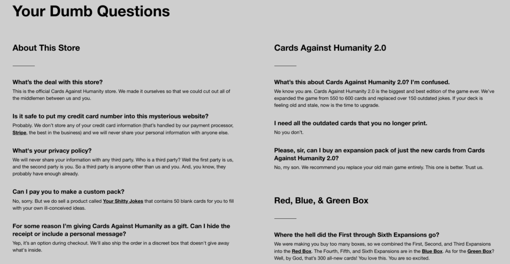 Cah store FAQ page