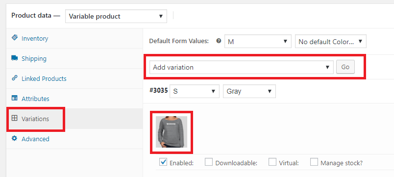  Add the image to the variation and other data.