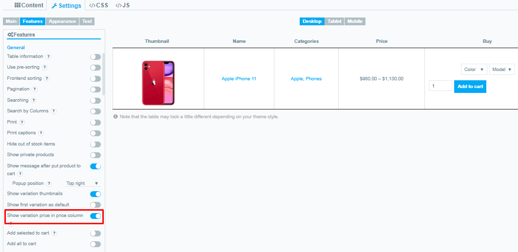 Show variations price 