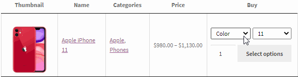 Show variation price in price column