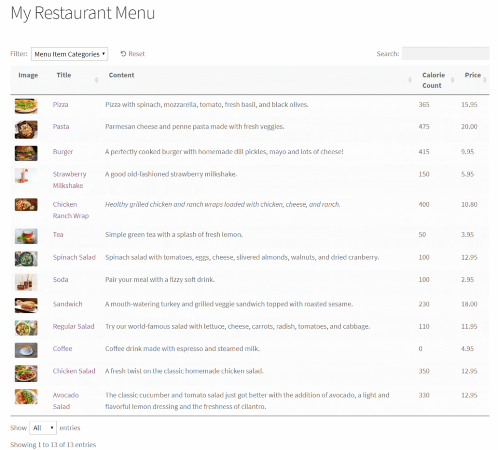 Restaurant menu plugin helps to create product tables