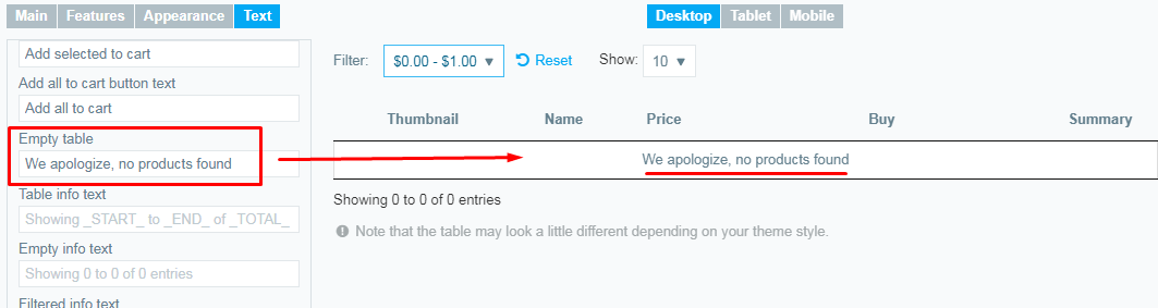 empty table