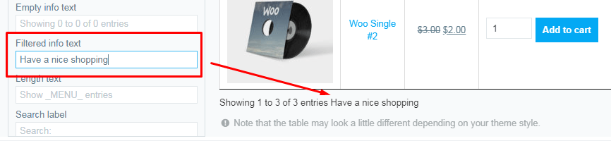 Filtered info text