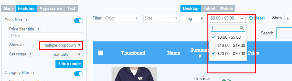 Multiple Dropdown Price filter