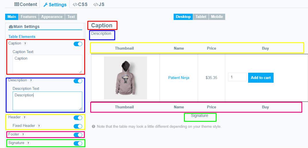 capture and header Table Element Setting