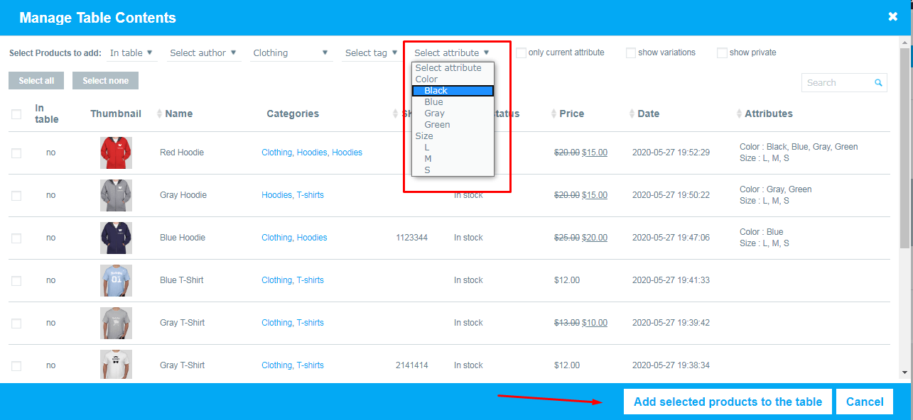 attributes in a product table