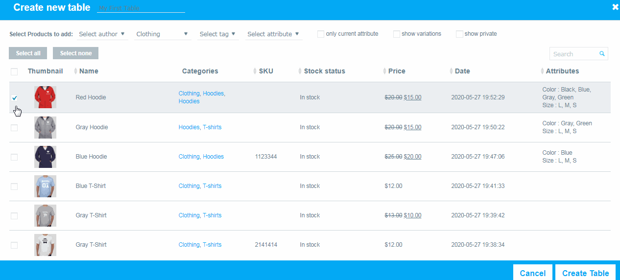 Create your first product table