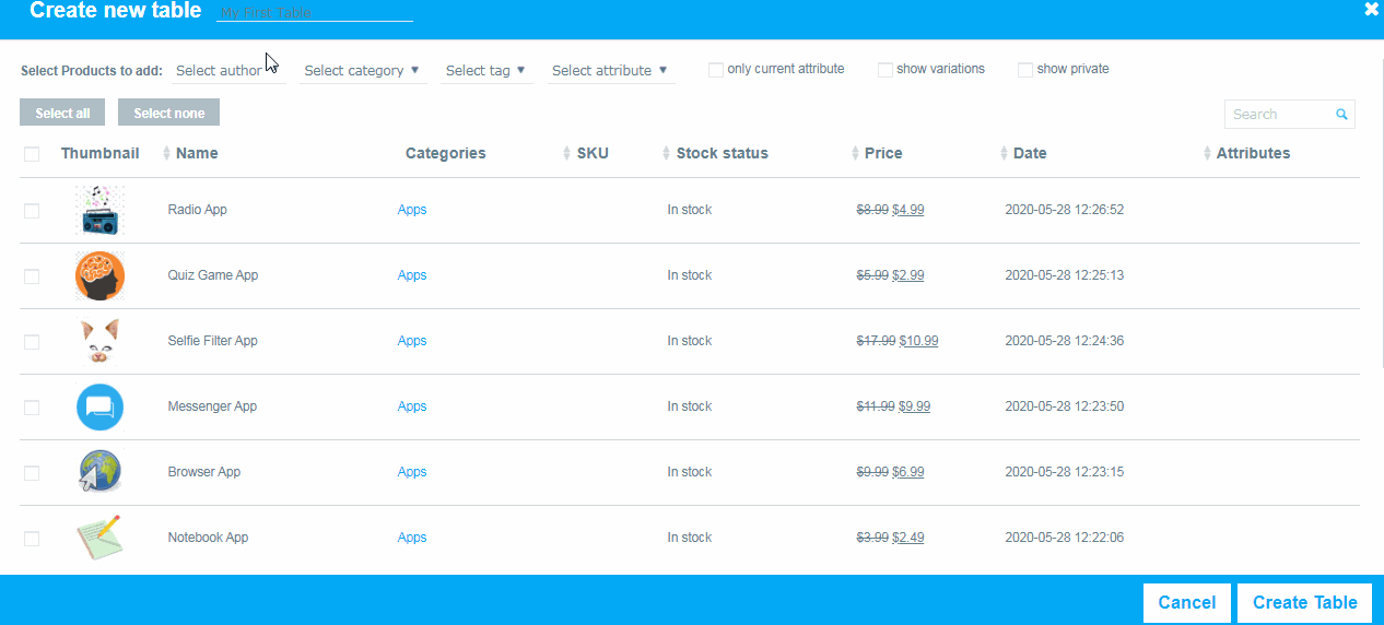 Create your first product table