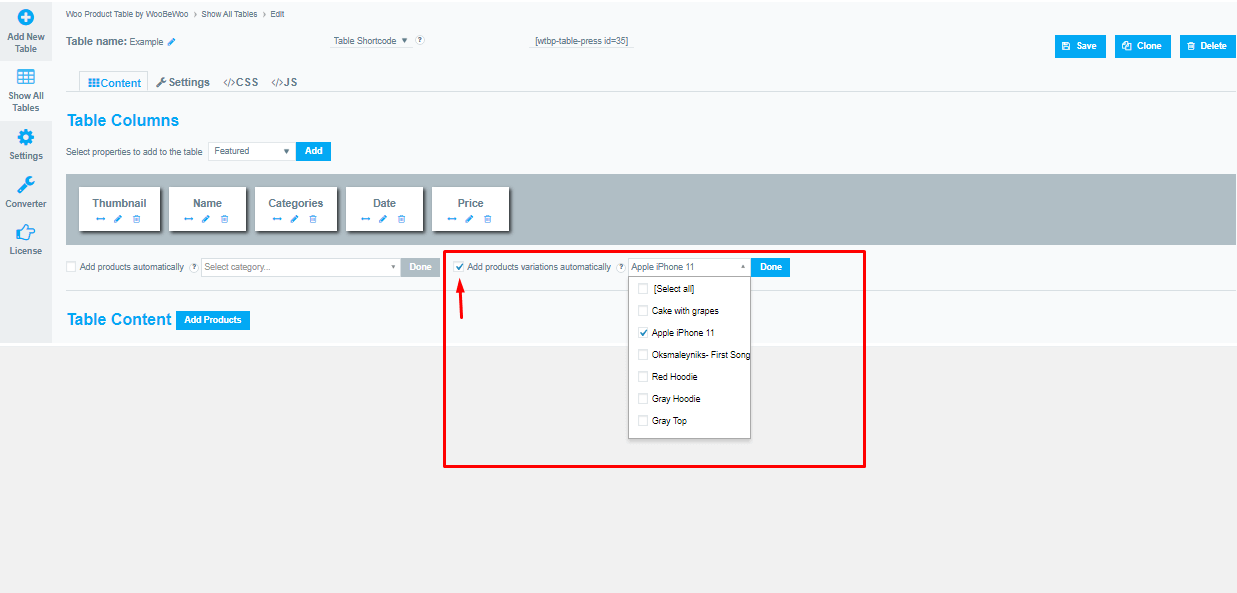 Add products variations automatically