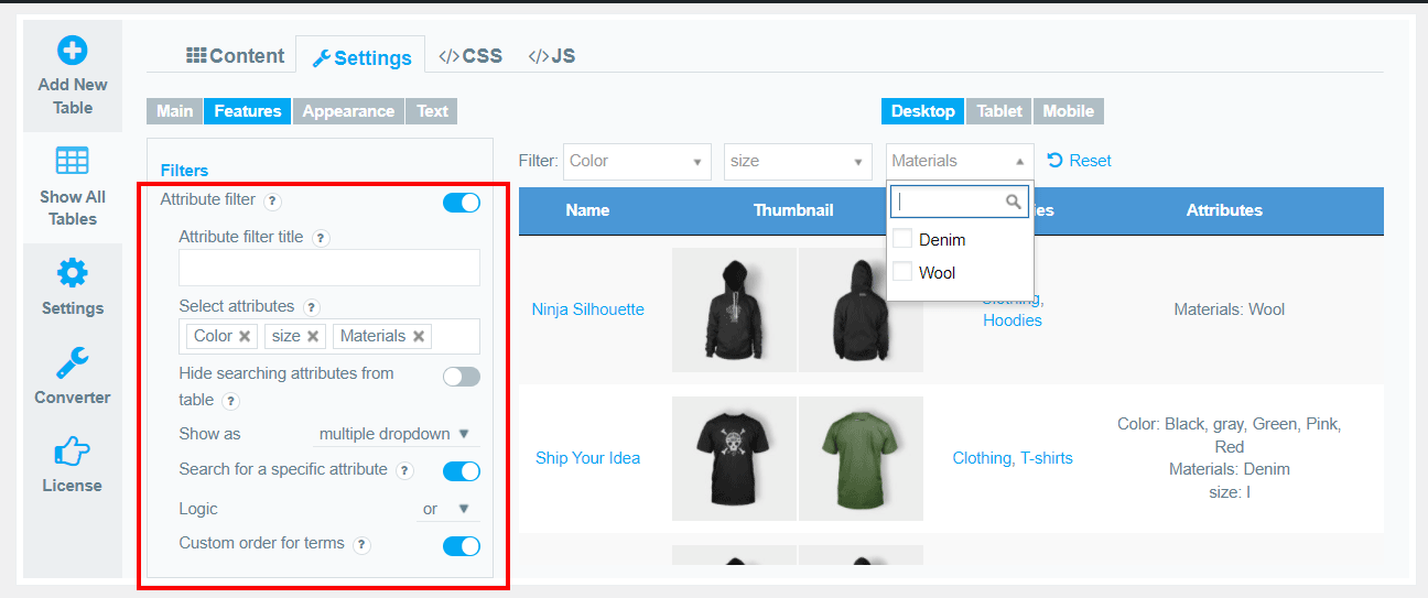 Attributes filter