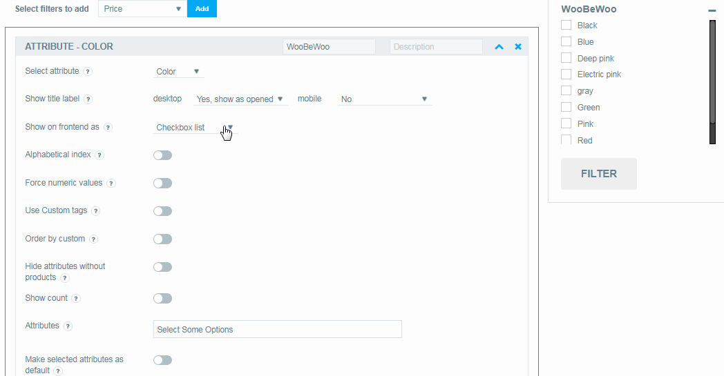 Attribute Filter Settings