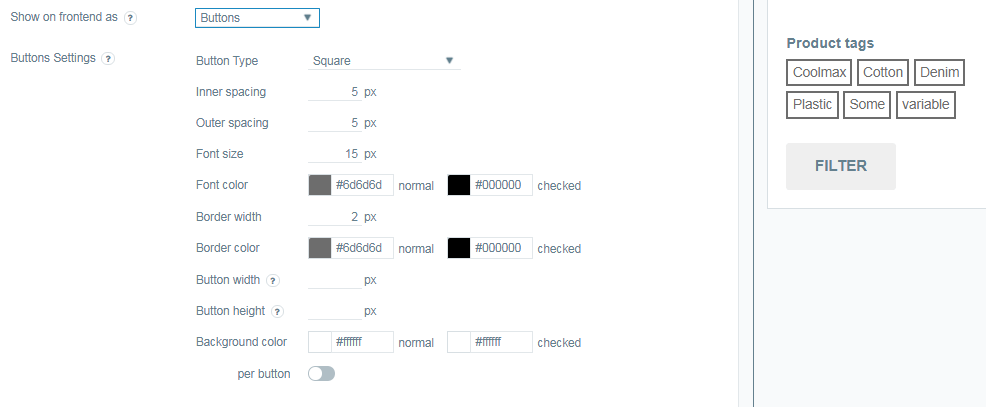 Product tags Filter Settings 