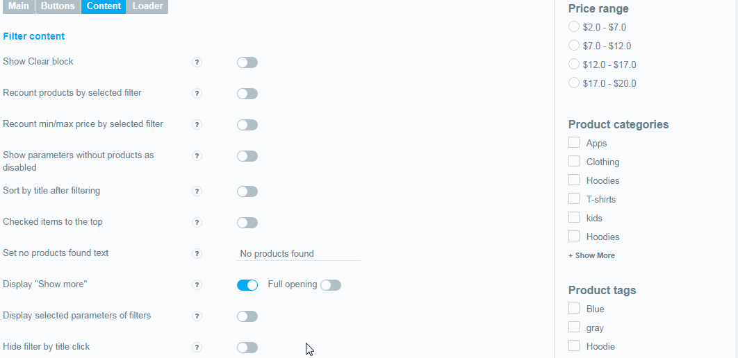 Hide filter by title click. Content tab
