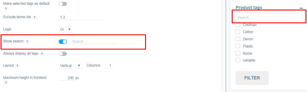 Product tags Filter Settings 
