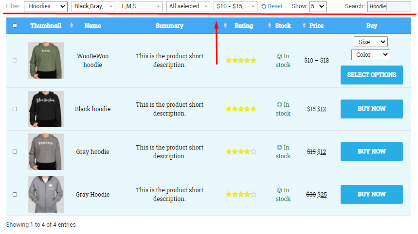 search and filtering options