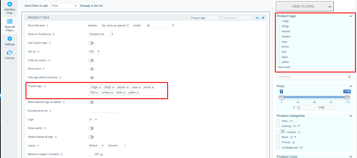 Settings Tags Filter