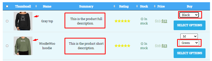 More info in product table