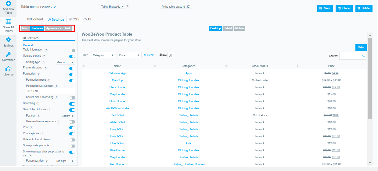 WooBeWoo Product Table