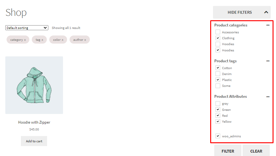 example filter works on the front-end