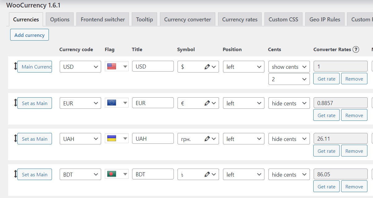 Currency settings