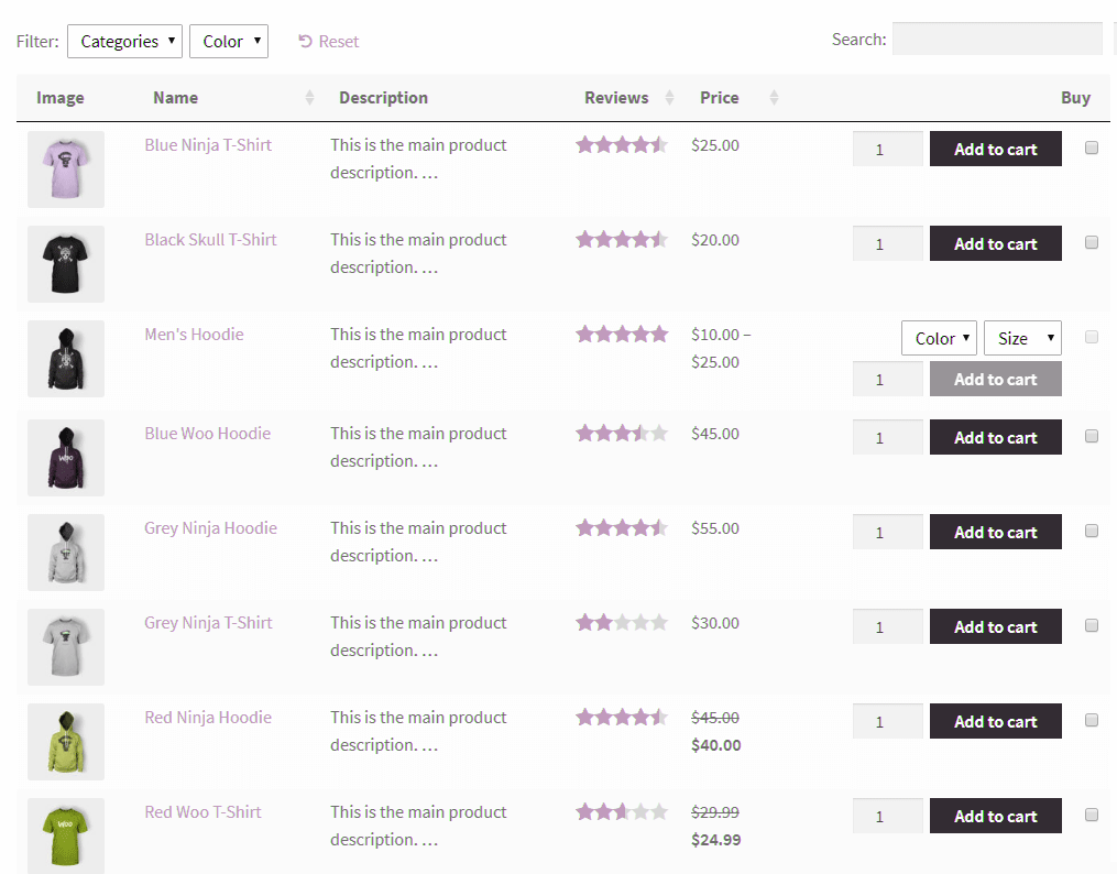 Products list