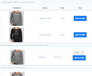 Product Table with Varisations
