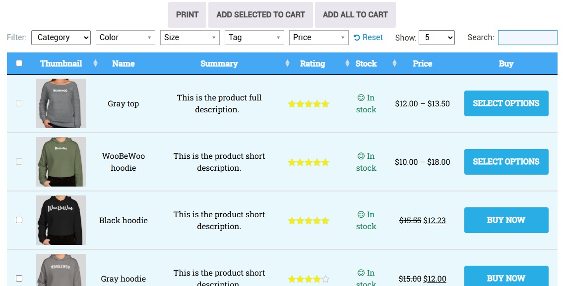 WooCommerce Product Table Pro plugin live