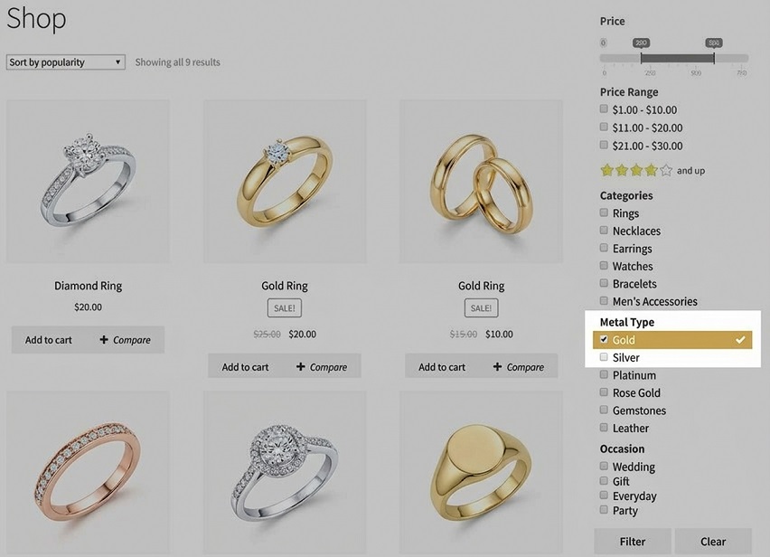 Jewelry & Accessories Filter Plugin for WooCommerce - by Metal Type
