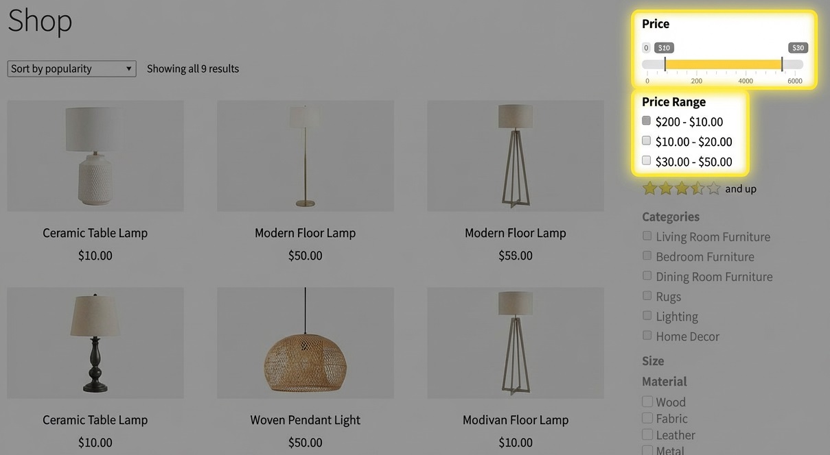 WooCommerce Furniture Store Filter Plugin - Filter by price