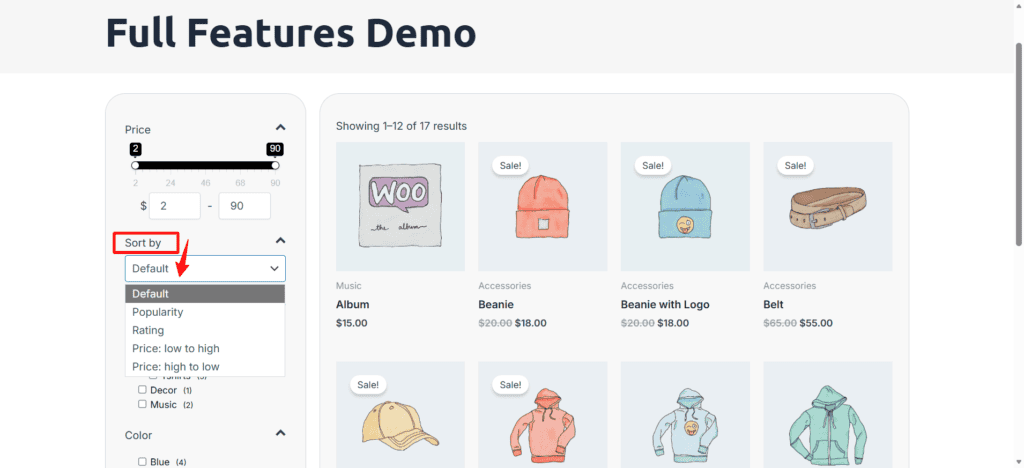 Screenshot of WooCommerce plugin options for sorting and filtering products on an eCommerce site.