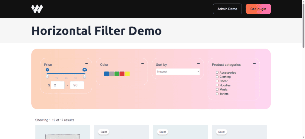 Demo of horizontal product filter for WooCommerce stores showcasing price, color, and category optio.