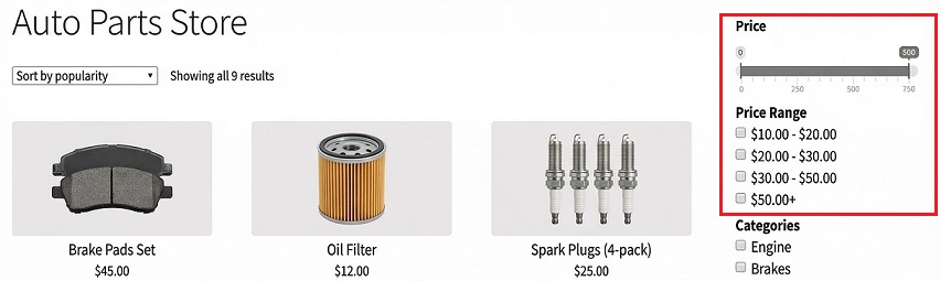 Product Filter for WooCommerce Auto Parts Stores - by price