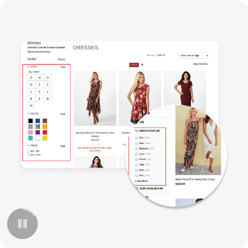 Women’s dresses displayed on WooCommerce product page with filters for size, color, and price.
