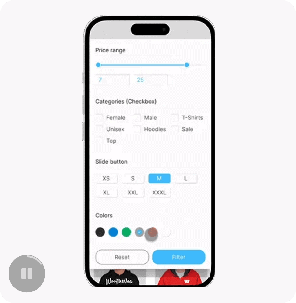 Mobile WooCommerce product filter with sliders, checkboxes, and color options for online stores.