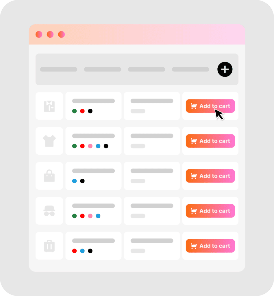 WooCommerce plugin interface with product options and add to cart buttons.