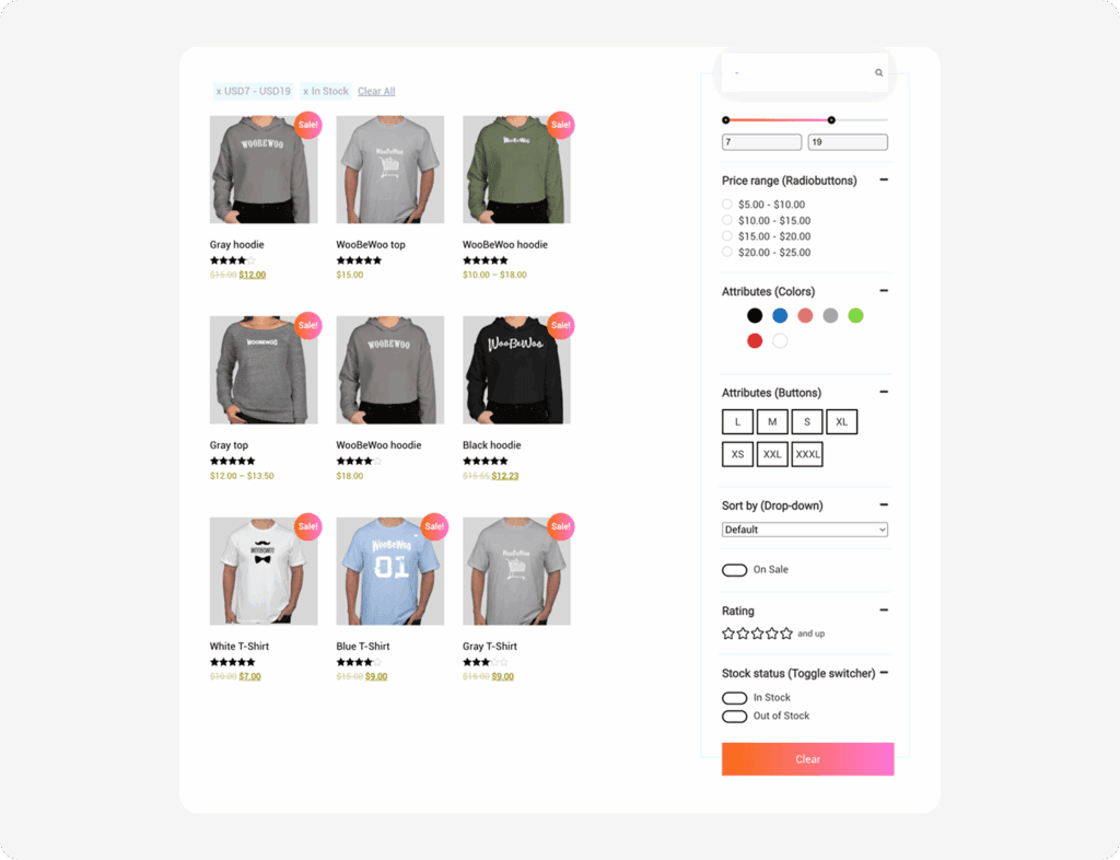 WooCommerce product selection interface showcasing hoodie and T-shirt options.